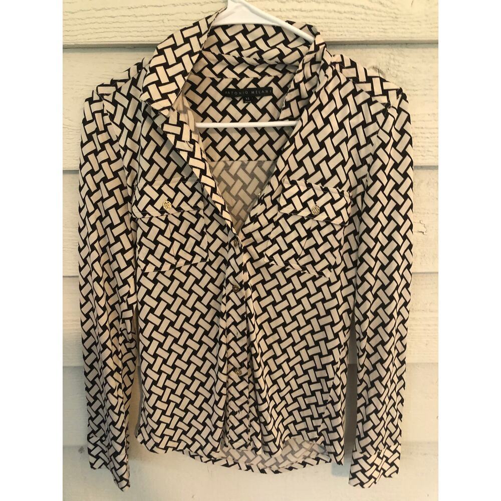 Antonio Melani XS Black Cream Geometric Print Button Down Blouse - Picture 2 of 4